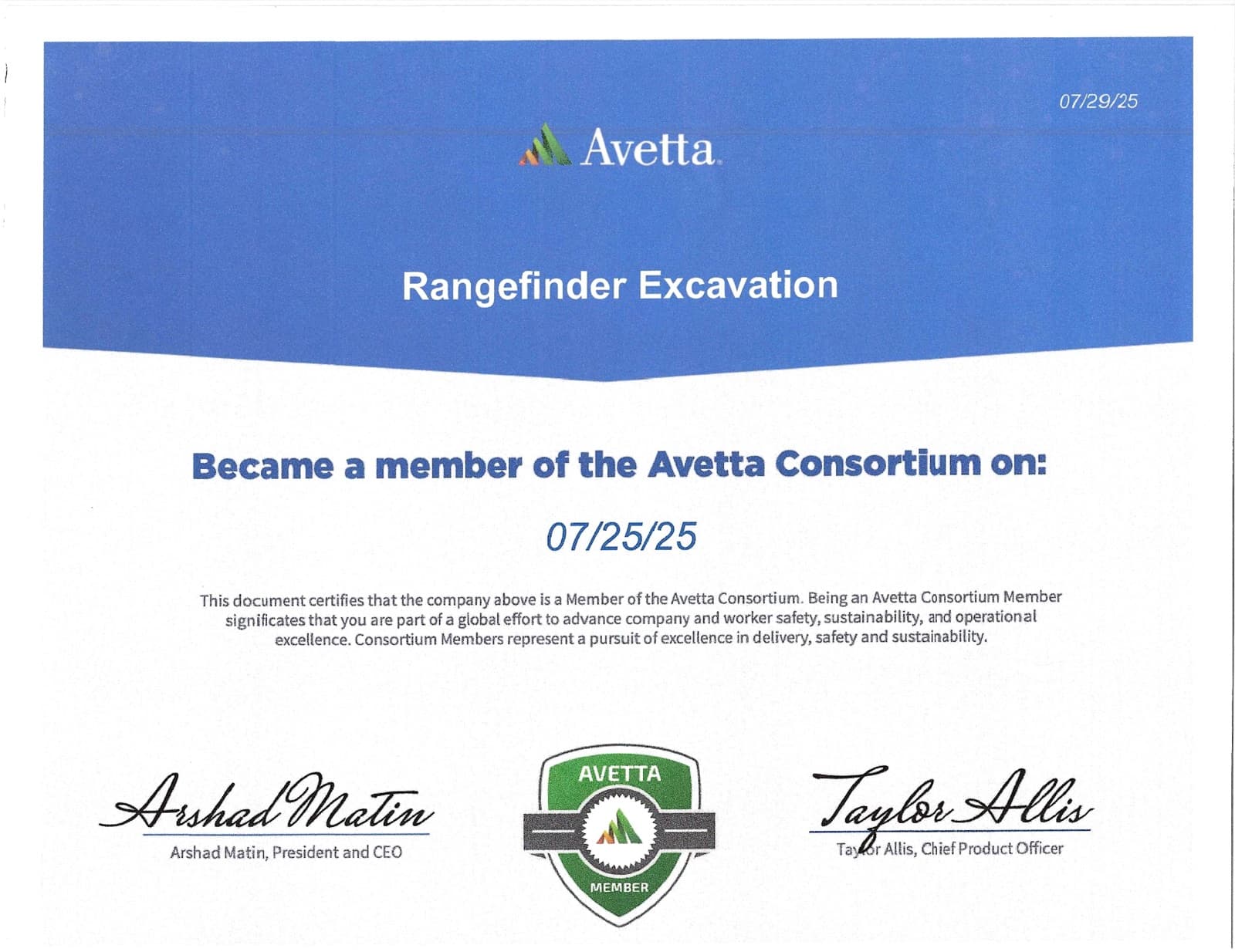 Avetta Consortium Member certificate issued to Rangefinder Excavation, dated July 25, 2025
