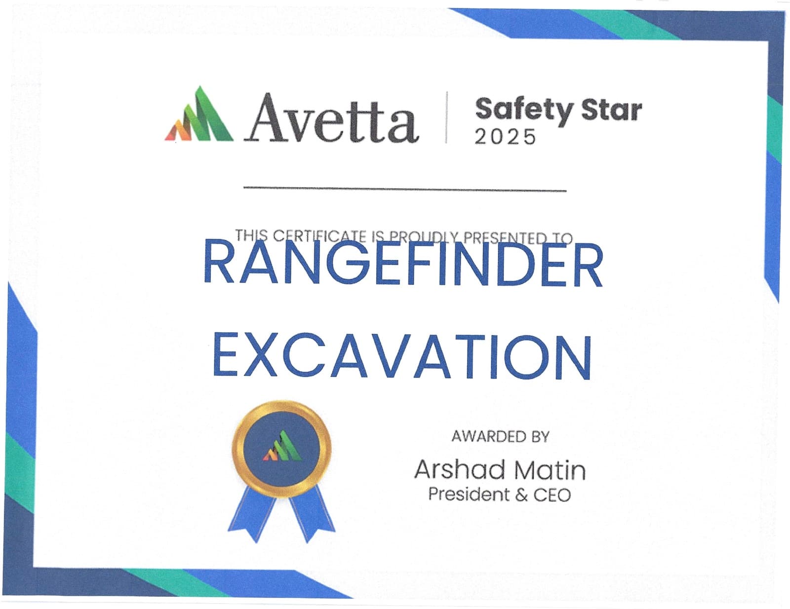 Avetta Safety Star 2025 certificate presented to Rangefinder Excavation